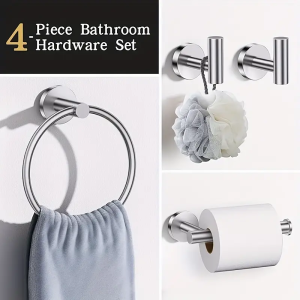 4-piece stainless steel set including toilet paper holder towel ring and 2 towel hooks for bathroom storage