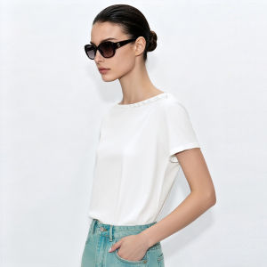 AMII | Boat Neck Pearl Decorated High Cotton Elastic T-Shirt