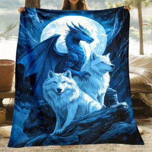VIKAMA Fantasy Blue Dragon Wolf Blanket Season Universal Living Room Bedroom Office Nap Cover Ins Style Decorative Blanket