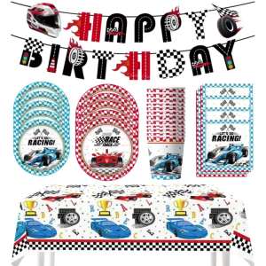 Potdemiel | Racing Car Disposable Tableware Kit Checkered Flag Plates Cups Napkins Tablecloth Banner Boys Birthday Party Decoration Supplies