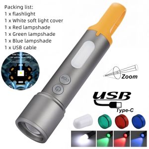 Zoom EDC 12W Light Beam Flashlight Red Green Blue COB lamp USB Rechargeable Outdoor Camping Hike Travel Fishing High Power Torch