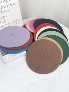 หมวกเบเร่ต์ฤดูหนาวสีบริสุทธิ์สําหรับผู้หญิงหรูหราสไตล์เกาหลีทําด้วยผ้าขนสัตว์วัสดุศิลปะย้อนยุคจิตรกรหมวกสําหรับฤดูช้อปปิ้ง