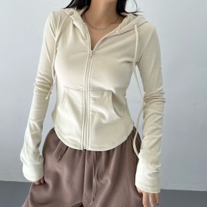 เสื้อสเวตเตอร์คาร์ดิแกนมีฮู้ดแขนยาวทรงสลิมฟิตสำหรับผู้หญิง ทรงสั้น ทรงลำลอง ทรงเข้ารูป เสื้อตัวบนแฟชั่นฤดูใบไม้ร่วง