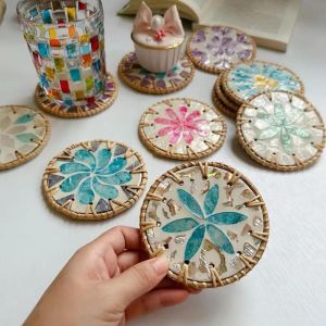 Colorful Shells Round Rattan Coaster Heat Resistant Cup Mat Pad Coffee Tea Hot Drink Mug Placemat