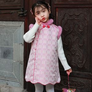 New Chinese Style Childrens Cheongsam Winter Thickened Vest Dress Girls New Year Visit Costume Jinhua Silk Material