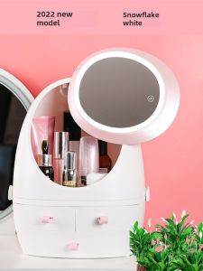 High-End Cosmetic Storage Box with Mirror Dustproof LED Light Desktop Skin Care Product Organizer Rectangle Plastic Case