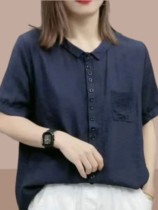 เสื้อเชิ้ตผ้าชีฟองแขนสั้นแฟชั่นสำหรับคุณแม่ ฤดูร้อน 2025 เสื้อเชิ้ตผู้หญิงวัยกลางคนและผู้สูงอายุ ทรงหลวม ลายทาง ปกโปโล