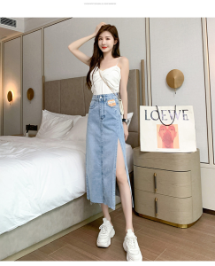 High Waist A-Line Mini Skirt Womens Spring Autumn Denim Skirts Slimming Vintage Side Slit Half-length Cotton Dresses