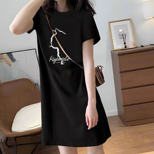 Slimming Long T-Shirt Dress Korean Style Cotton Short Sleeve round Neck H-Shape Print Casual Summer New Arrival for Short Women