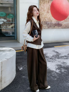 Stylish Moneyed Womens Three-Piece Set Autumn 2025 High Waist Wide Leg Pants Shirt Vest Fashionable Korean Style Casual Wear
