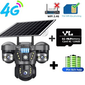 Camera IP Năng Lượng Mặt Trời V380 Pro 15MP WiFi Với Ba Ống Kính Camera An Ninh Ngoài Trời HD Mạng 4G Chống Nước Tích Hợp Pin