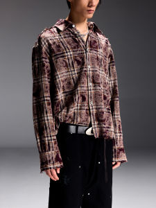 เสื้อเชิ้ตแขนยาวลายสก็อตสีแดงเข้ม TERRAINCOGNITA คอลเลกชั่นฤดูใบไม้ร่วง 2023 ผ้าฝ้ายแท้ 100% เสื้อเชิ้ตทรงหลวมสำหรับผู้ชาย