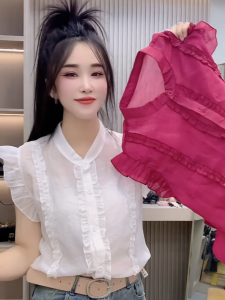 Fashionable Slimming Flights Sleeve Shirt Womens Single Button Wooden Edge Ear New Summer Shirt Korean Style Commute Wind