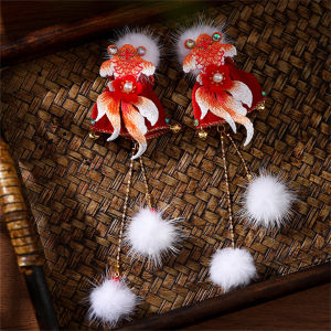 1/2pc Red Embroidered Goldfish Hair Clip with Bell and Tassel for Girls Chinese New Year Festival Traditional Costume Accessory