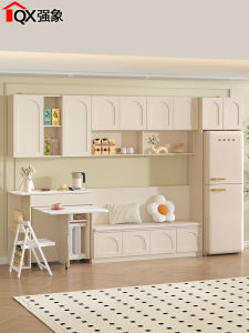 French Style Creamy Folding Table Bench Integrated Cabinet Rock Plate Embedded Refrigerator Modern Minimalist Dining Table