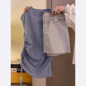 French Vintage Blue Striped Drawstring Shirt Women Summer New Sweet Versatile Design Sleeveless Top Belted Regular Fit round Neck