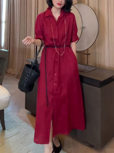 UYFY | ชุดเดรสยาวแขนสั้นสีแดงสไตล์ย้อนยุค ชุดเดรสผู้หญิงฤดูใบไม้ร่วง 2025 ชุดเดรสกระโปรงทรงเอเอวสูง ผ้าโพลีเอสเตอร์ ไม่มีความยืดหยุ่น