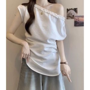 YUEZHONGWEI | French Style Irregular Wooden Edge Short Sleeve Womens Shirt Summer Design Slim Fit Shoulder Baring Top Korean Version Commute Style