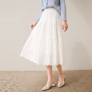 Elegant White Lace A-Line Skirt Womens Spring New Style French Gentle Style Commute High Waist Midi Skirt by Xiang Ying