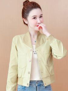 เสื้อแจ็คเก็ตเบสบอลสั้นสำหรับผู้หญิง ฤดูใบไม้ผลิและฤดูใบไม้ร่วง ทรงเข้ารูป สไตล์เกาหลี แขนยาว ปกติ คอกลม ชุดชั้นในแบบติดกระดุม