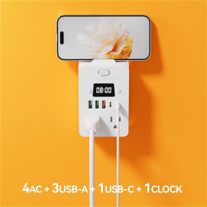 CHIEFWAY 10-IN-1 Surge Protection Power Strip with Digital Clock Fast Charging USB Ports (including 2 Type C) Portable Wall Charger for HomeOfficeTravel
