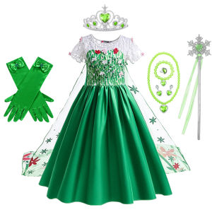 Princess Costume Elsa Dress Green Dresses for Girls Surprise Birthday Party Halloween Costume Kids Cosplay Snow Queen