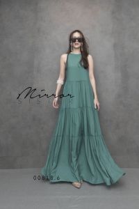 🔖Mirrorsister 00818.6 เดรสตัวยาว ช่วงบนเป็นแขนกุด ด้านหลังผูกโบว์เรียง ช่วงกระโปรงยาวทรงA แต่งต่อผ้าบานลงเรื่อยๆ