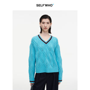 Wool Blend Color Block Rhombic Pattern V-Neck Pullover Sweater
