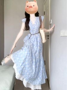 CHANGTONG | French Indigo Style Blue Floral Slimming Dress