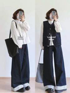 XUECAIQI | Plus Size Slimming Shirt Jean Vest Wide Leg Pants 3 Piece Set