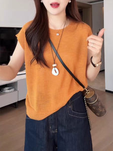 BINKAFENNY | Plus Size Orange Ice Silk Short Sleeve Knitted Top Womens Summer Simple Match Small Flying Sleeve Shirt Korean Style Loose Fit