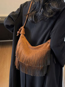 Retro Tassel Suede Womens Shoulder Bag Fashionable Versatile Crossbody Bag for Commuting Casual Simplistic Style Soft PU Strap
