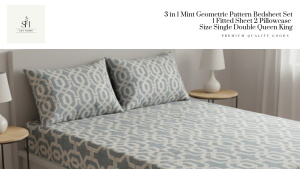 SevHome 3 in 1 Mint Geometric Pattern Bedding Set Bedsheet Garterized Bed Sheet 1 Fitted Sheet cover 2 Pillow Case Size Single Double Queen King