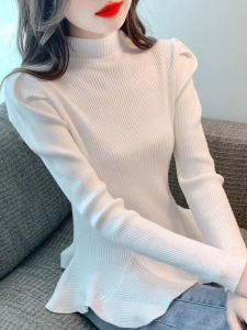 BaKuSen 2023 Autumn New Slim Fit Base Layer Half High Neck Bubble Long Sleeve Knitted Top Womens Overhead Fashion Clothing
