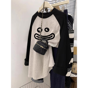 Áo Thun Nữ Tay Dài Rộng Rãi Thiết Kế Nhỏ Gọn Mùa Xuân Thu Cotton Phong Cách Hàn Quốc in Họa Tiết Cổ Tròn