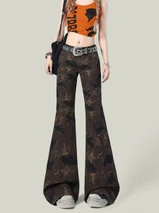 American Style Retro Camouflage Low Waist Flared Jeans Women Summer New Loose Wide Leg Pants Casual Wear Non-Matching Legs