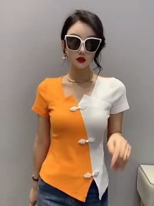 2024 Summer Womens Fashion Trend Retro Slim Fit Plate Button Colored Irregular V-neck Short Sleeve T-shirt