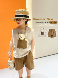 Cartoon Bear Summer Vest Set for Boys Thin Sleeveless 3D Design Childrens Fashionable Two-Piece Outfit Casual Cotton Blend