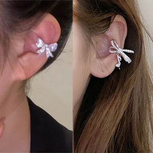Crystal Bow Clip Earring for Women Korean Rhinestone No Piercing Ear Cuff Silver Color Bowknot Earring Ear Clip Jewelry Gift