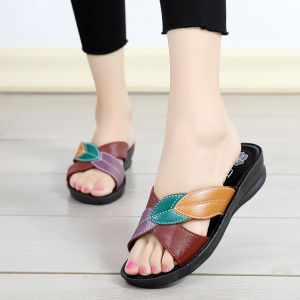 Summer New Arrival Leaves Fashion Ladies Sandals Middle-Aged Mom Imitation Leather Slippers Wedge Non Slip Large Size Shoes for Women