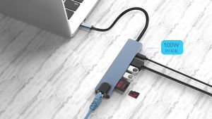 8 in 1 type C Adapter Hub Dongle with Ethernet HDMI 4K 2 USB USB C Data Ports TF/SD Card Slot