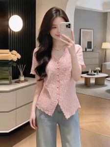 Pink V-Neck Short Sleeve Summer Slim Fit High-Texture T-Shirt Women Plus Size