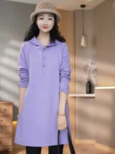 ชุดเดรสสเวตเตอร์มีฮู้ดทรงหลวมสไตล์เกาหลีสำหรับผู้หญิง กระโปรงทรงเอยาวปานกลาง แขนยาว ฤดูใบไม้ร่วง/ฤดูหนาว 2024