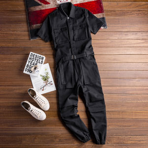 Summer Trendy One-Piece Mens Short Sleeve Set with Multiple Pockets in Orange Overalls Loose Style Casual Pants for Teenagers
