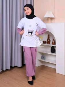 Stelan Celana Anak Perempuan Kombinasi Putih Kuromi Cargo 3-13 Tahun Cottoncombat 24s Premium