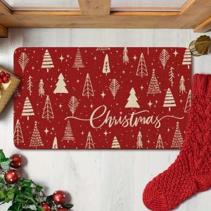 VIKAMA Red Greeting Snow Figure Smile Face Holiday Entry Rug Festive Skid Resistant Floor Mat Winter Entryway Decor Soft Durable