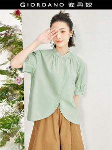 Loose Short Sleeve Shirt Womens Casual Style Designer Giordano Mint Wave Small Stand Collar Arc Hem Female Summer Shirt