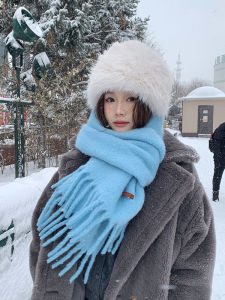 Khăn Choàng Len Màu Xanh Biển Ice Island Dành Cho Nam Và Nữ Mùa Đông Cao Cấp Đa Năng Màu Trơn Khăn Choàng Lông Cừu Giả Ấm Áp