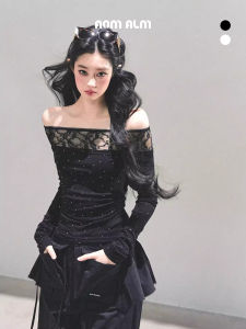 SHAOYEYAN | Áo thun ren chấm bi tay dài trễ vai gợi cảm