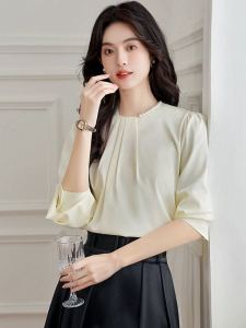 เสื้อเชิ้ตผู้หญิงแขนยาวผ้าชีฟองสไตล์ฝรั่งเศสหรูหรา ดีไซน์เรียบง่าย แขนยาว ทรงหลวม ปกโปโล ฤดูใบไม้ร่วง 2025 เสื้อผ้าทำงาน